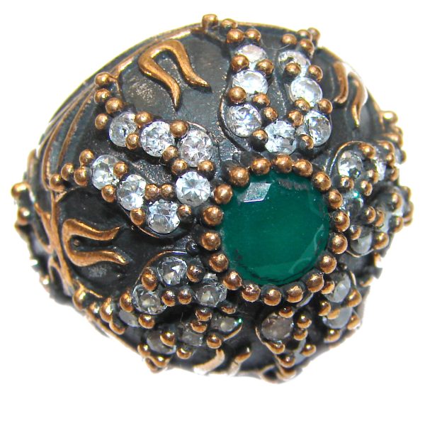 Victorian Style created Emerald & White Topaz Sterling Silver Ring s. 6