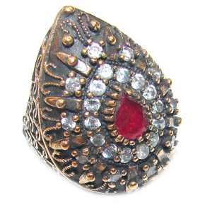 Victorian Style created Ruby & White Topaz Copper over Sterling Silver ring; s. 5