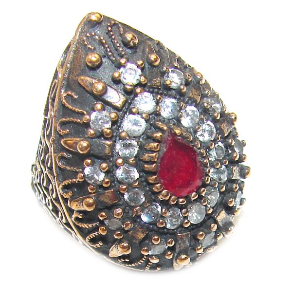 Victorian Style created Ruby & White Topaz Copper over Sterling Silver ring; s. 5