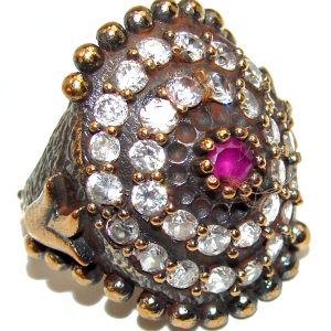 Victorian Style created Ruby & White Topaz Copper over Sterling Silver ring; s. 6 1/2