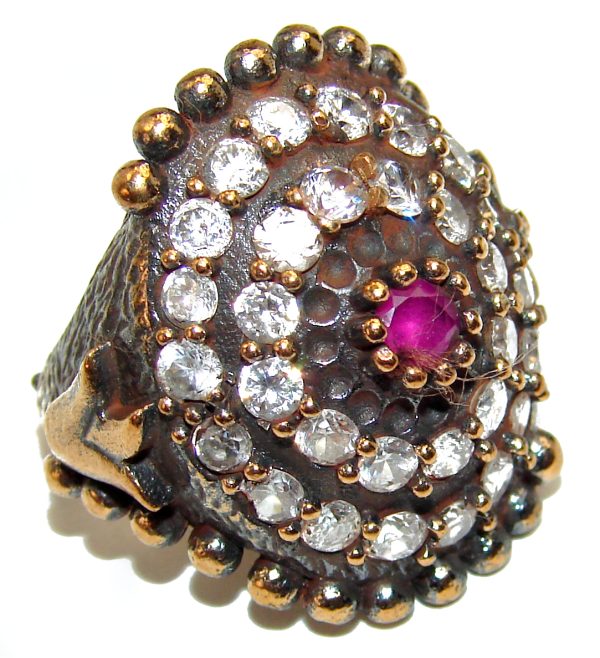 Victorian Style created Ruby & White Topaz Copper over Sterling Silver ring; s. 6 1/2