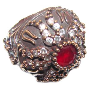 Victorian Style created Ruby & White Topaz Copper over Sterling Silver ring; s. 6 1/4