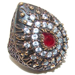 Victorian Style created Ruby & White Topaz Copper over Sterling Silver ring; s. 6 1/4