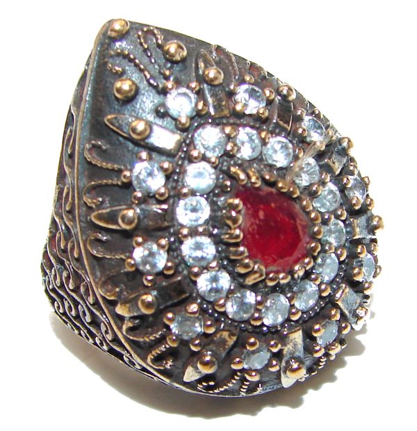 Victorian Style created Ruby & White Topaz Copper over Sterling Silver ring; s. 6 1/4