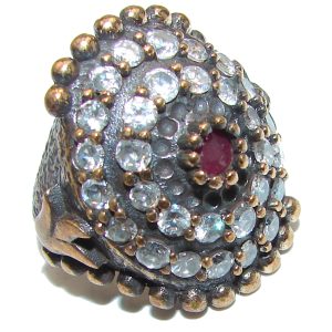 Victorian Style created Ruby & White Topaz Copper over Sterling Silver ring; s. 6 1/4