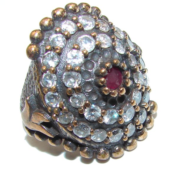 Victorian Style created Ruby & White Topaz Copper over Sterling Silver ring; s. 6 1/4