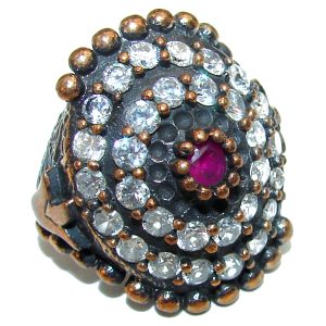 Victorian Style created Ruby & White Topaz Copper over Sterling Silver ring; s. 6 1/4