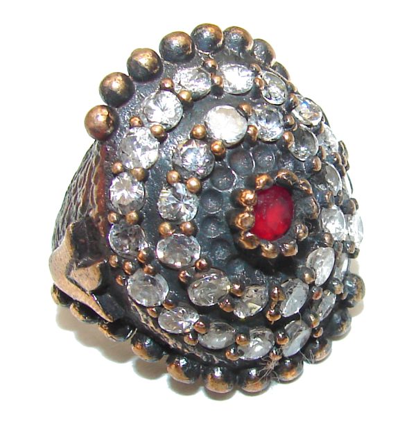 Victorian Style created Ruby & White Topaz Copper over Sterling Silver ring; s. 6