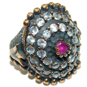 Victorian Style created Ruby & White Topaz Copper over Sterling Silver ring; s. 7