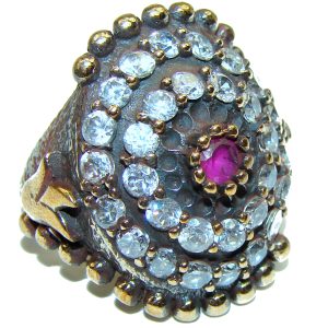 Victorian Style created Ruby & White Topaz Copper over Sterling Silver ring; s. 7