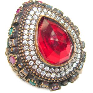 Victorian Style created Ruby & White Topaz Copper over Sterling Silver ring; s. 9