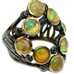 Vintage Design 10.2ctw Genuine Ethiopian Opal black rhodium over .925 Sterling Silver handmade Ring size 7