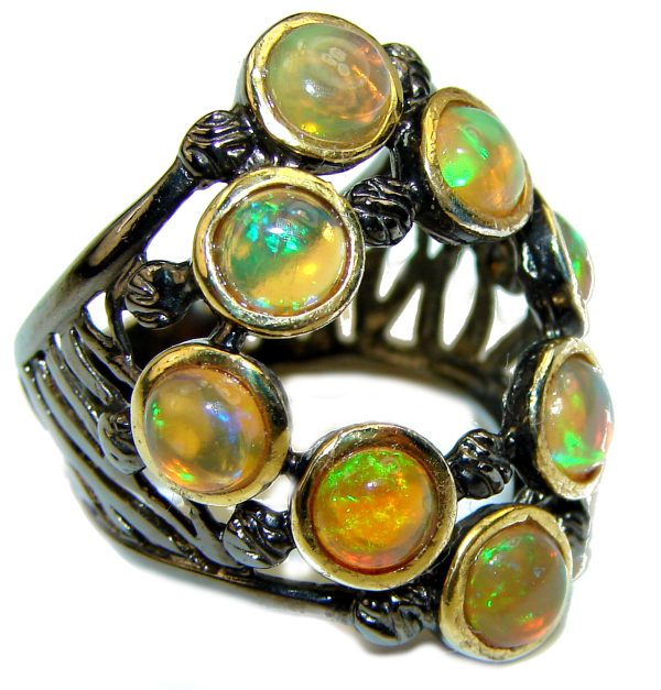 Vintage Design 10.2ctw Genuine Ethiopian Opal black rhodium over .925 Sterling Silver handmade Ring size 7