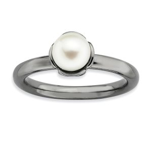 White FW Cultured Pearl & Black-plated Sterling Silver Ring, Size 8