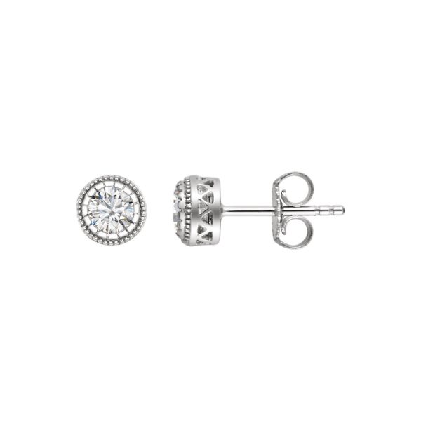 White Sapphire April Birthstone 8mm Stud Earrings in 14k White Gold