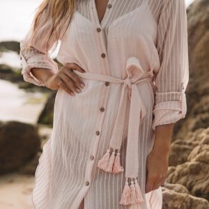 Women Loose Long Sleeve Swimsuit Cover Ups Striped Shirt Dress Kimonos With Belt