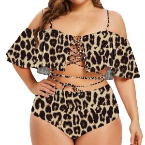 Women Two Piece High Waisted Bikini Set Lace Up Ruffle Two Piece Bathing Suit