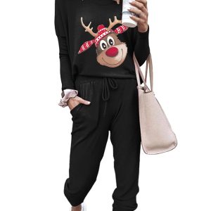 Women's 2 Piece Outfit Christmas Reindeer Crewneck Pullover Tops Long Pants Tracksuit Sweatsuits