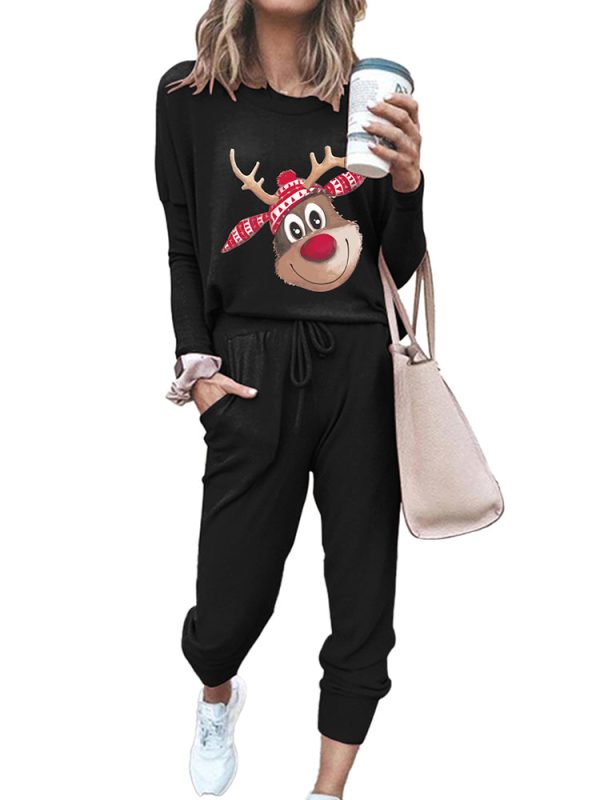 Women's 2 Piece Outfit Christmas Reindeer Crewneck Pullover Tops Long Pants Tracksuit Sweatsuits