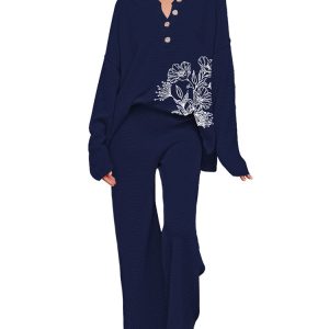 Women's 2 Piece Outfit Sweatsuit Floral Button Knit Long Sleeve Wide Leg Pants Lounge Set