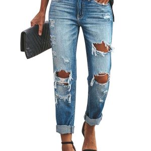 Women's Boyfriend Distressed Mid Rise Ripped Jeans Denim Pants