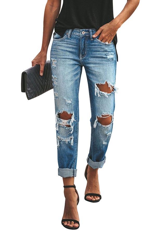 Women's Boyfriend Distressed Mid Rise Ripped Jeans Denim Pants