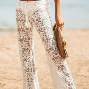 Women's Cover Up Pants Lace Crochet Mid Waist Pocket Palazzo Pants