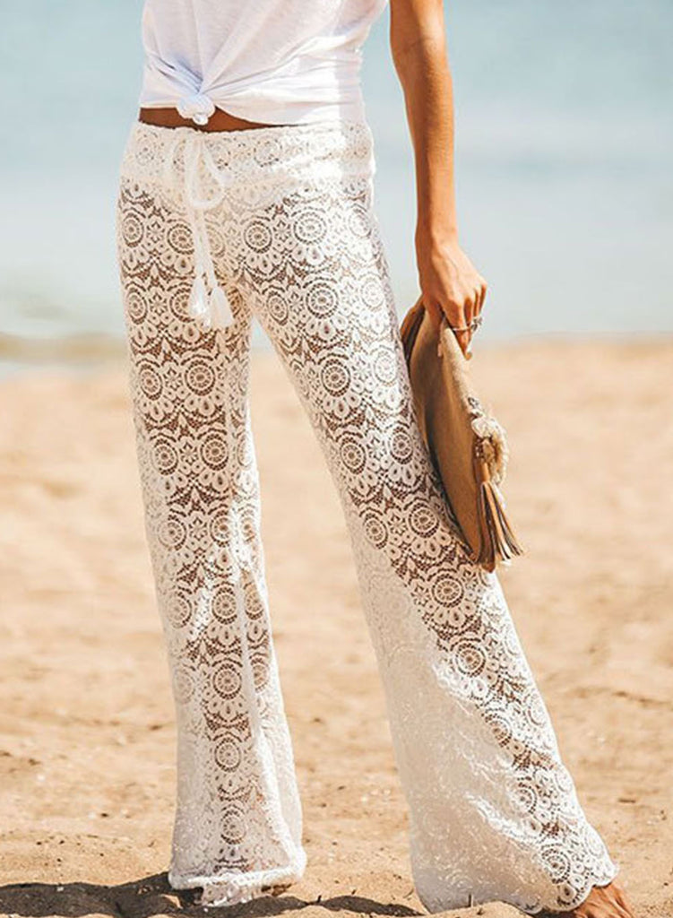 Women's Cover Up Pants Lace Crochet Mid Waist Pocket Palazzo Pants