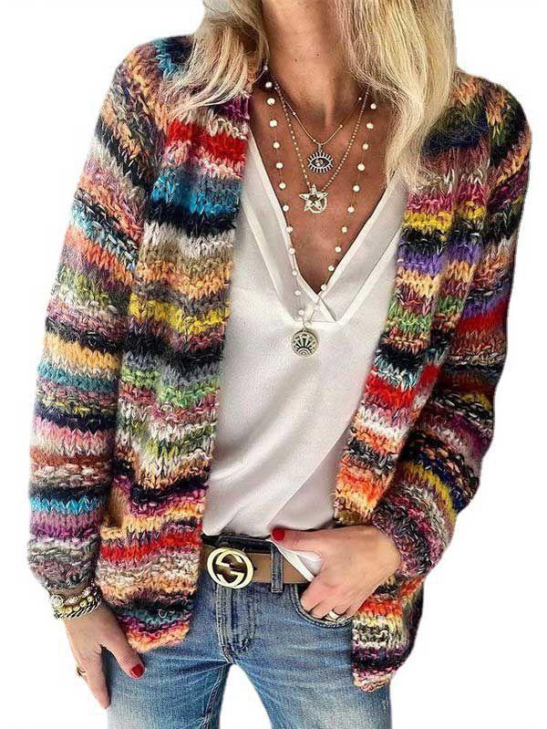 Womens Open Front Striped Cardigan Sweater