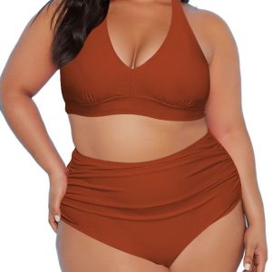 Women's Plus Size Two Piece Halter High Waist Tummy Control Bathing Suit