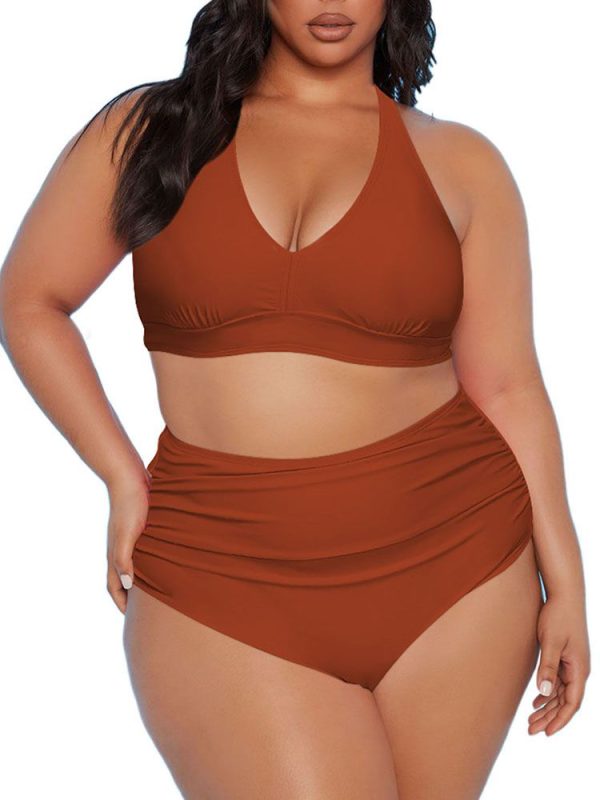 Women's Plus Size Two Piece Halter High Waist Tummy Control Bathing Suit