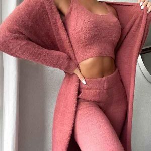 Womens Sexy 3 Piece Outfits Fuzzy Cardigan Crop Top Long Pants Set Loungewear