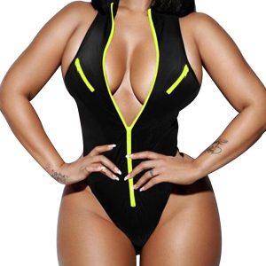 Womens Sexy Halter Zipper High Waist One-piece Swimsuit Black