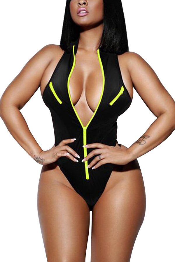 Womens Sexy Halter Zipper High Waist One-piece Swimsuit Black