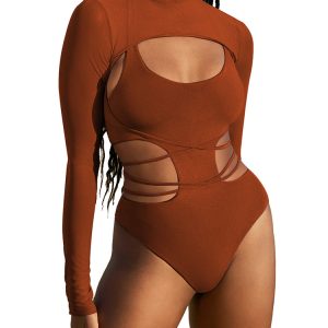 Women's Sexy Swimsuit Cut Out Lace Up One-Piece Swimsuit with Long Sleeve Pullover