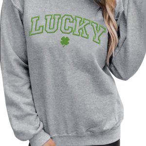 Women's St. Patrick's Day Green LUCKY Clover Embroidered Pullover Sweatshirt