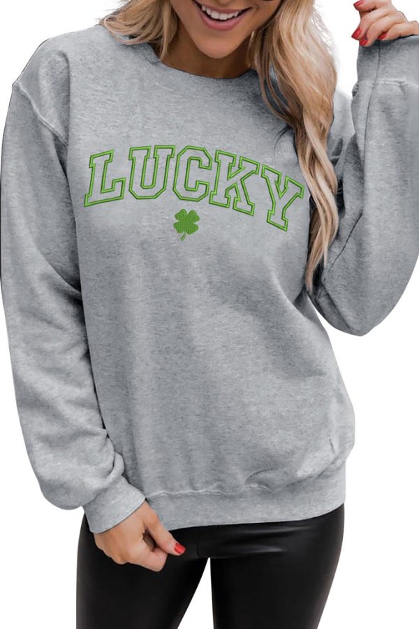 Women's St. Patrick's Day Green LUCKY Clover Embroidered Pullover Sweatshirt