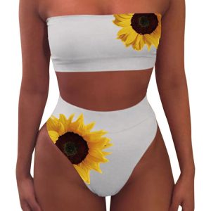 Women's Sunflower Bandeau Top High Cut Bikini Set Two Piece Bathing Suit