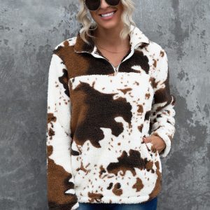 Zip Collar Cow Print Fleece Sweatshirt