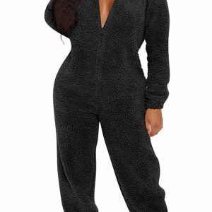 Zip Front Hooded Long Sleeve Onesie Jumpsuit For Women