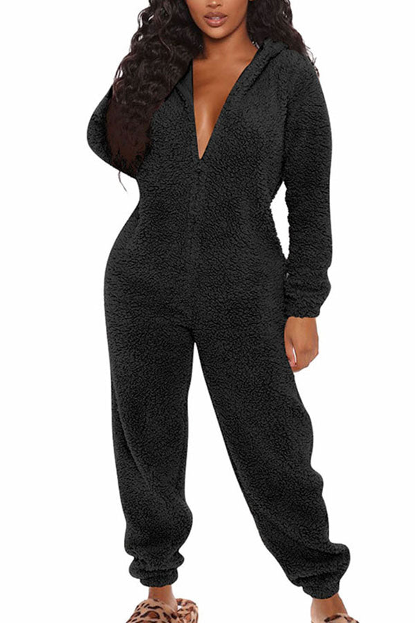 Zip Front Hooded Long Sleeve Onesie Jumpsuit For Women